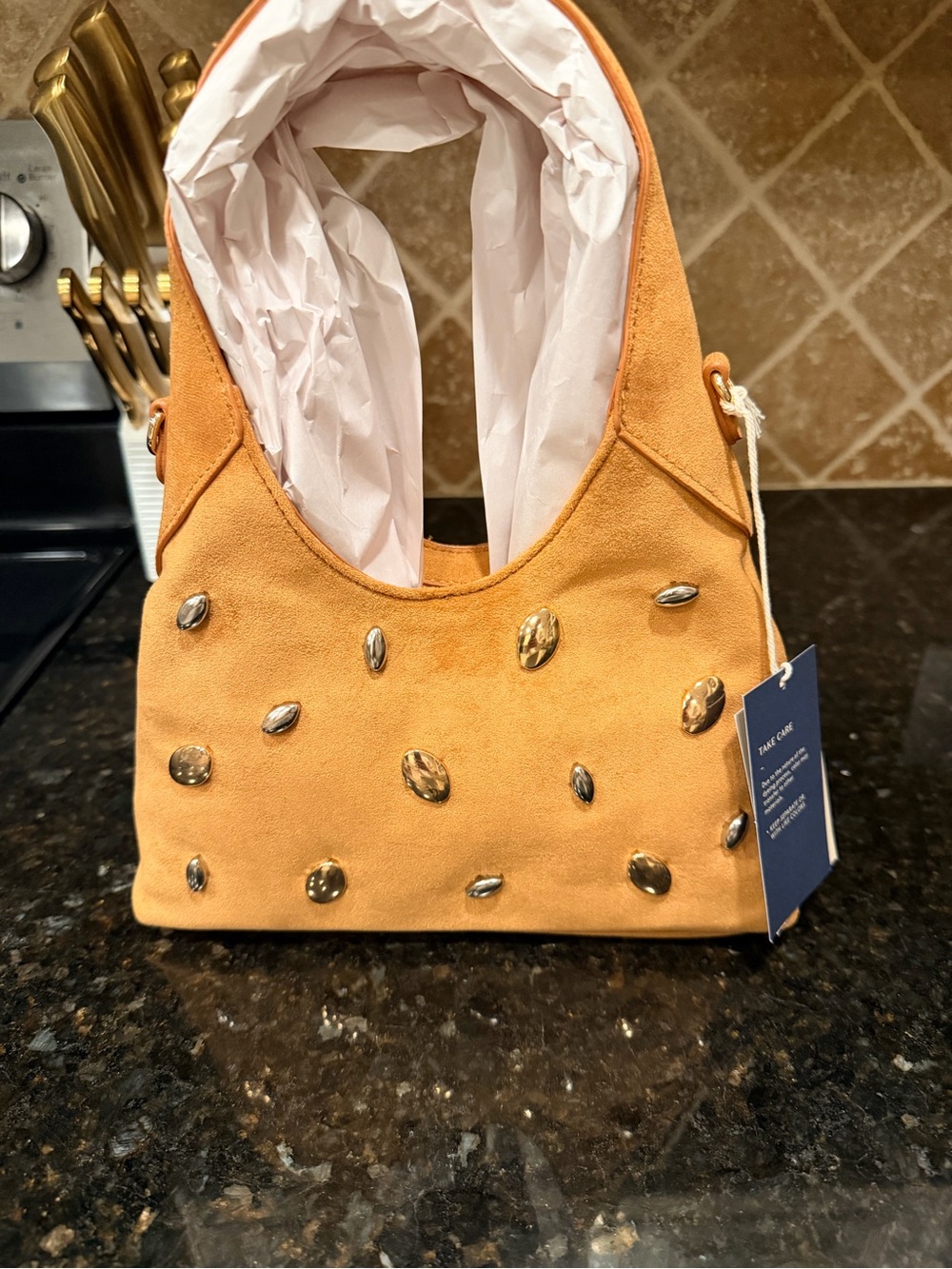Universal Thread Tan Suede Mini Shoulder Bag with Gold Studs